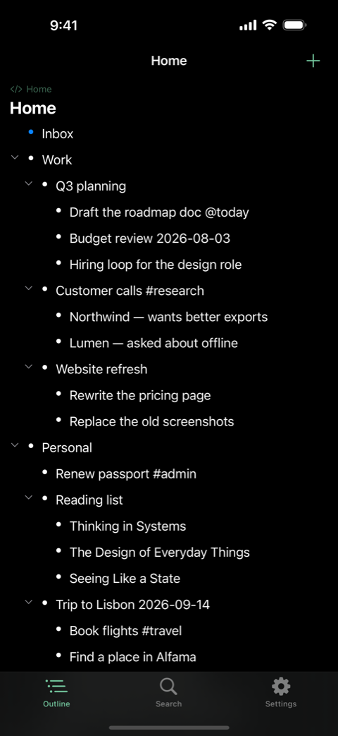The Notes outline on iPhone: nested bullets under Work and Personal, with #tags and dates inline.