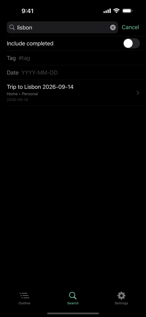 Search in Notes on iPhone, showing a matching bullet with its ancestor path underneath.